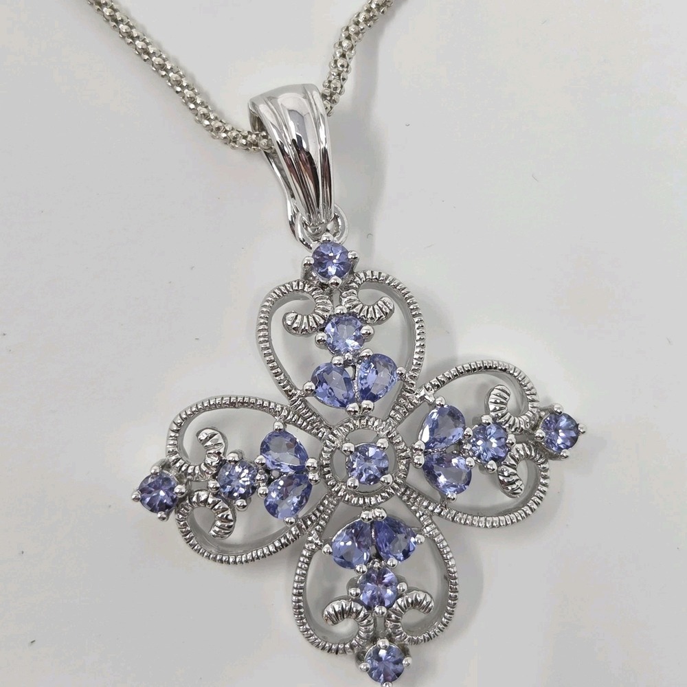 Sterling Silver 925 Iolite Hinged Bale Purpose Cross Pendant‎ & 17" Chain Italy